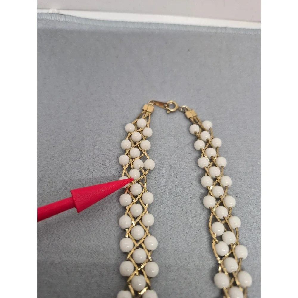 Vintage Woven Milk White Bead Necklace Woman Gold Tone Triple Strand Mesh Chain